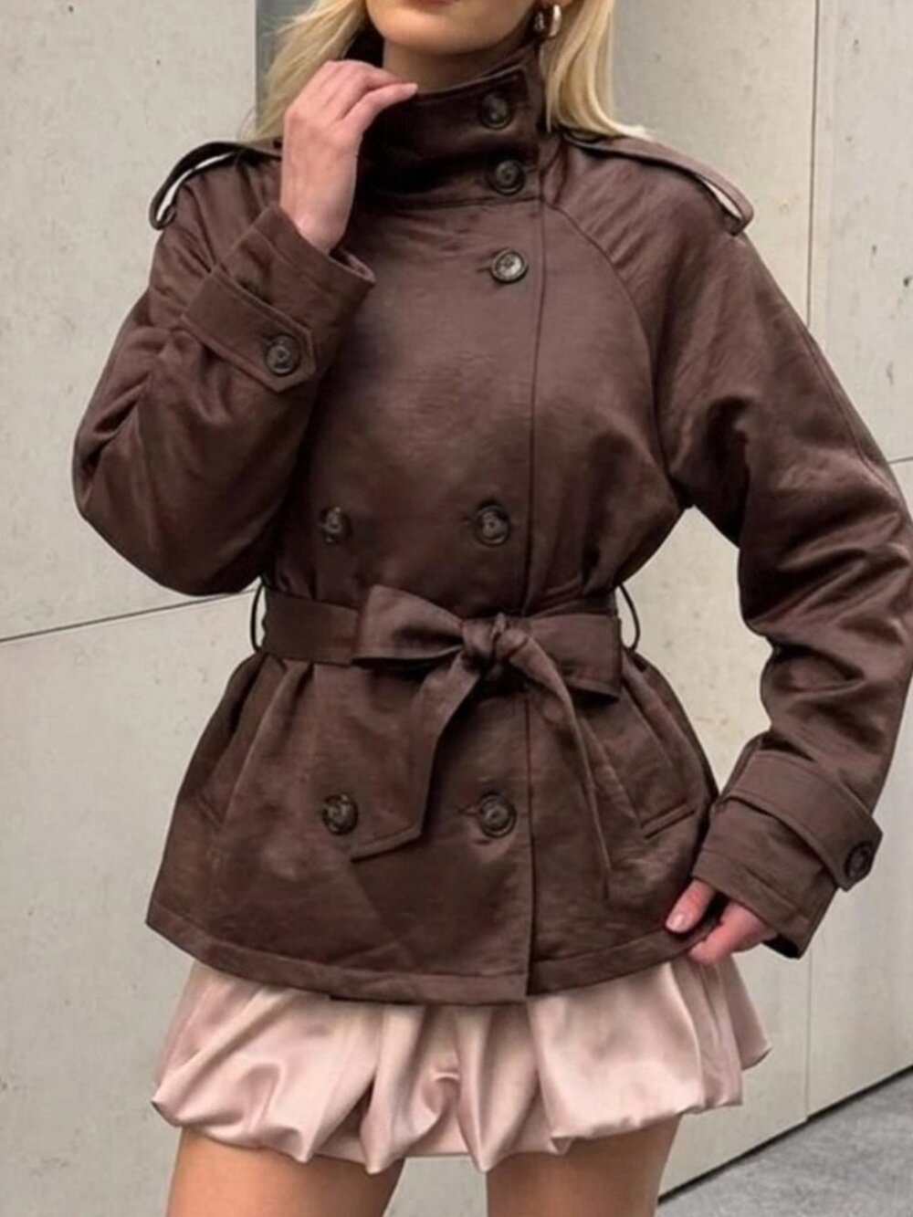 Chocolate Brown Belted Trench Jacket with Double-Breasted Buttons